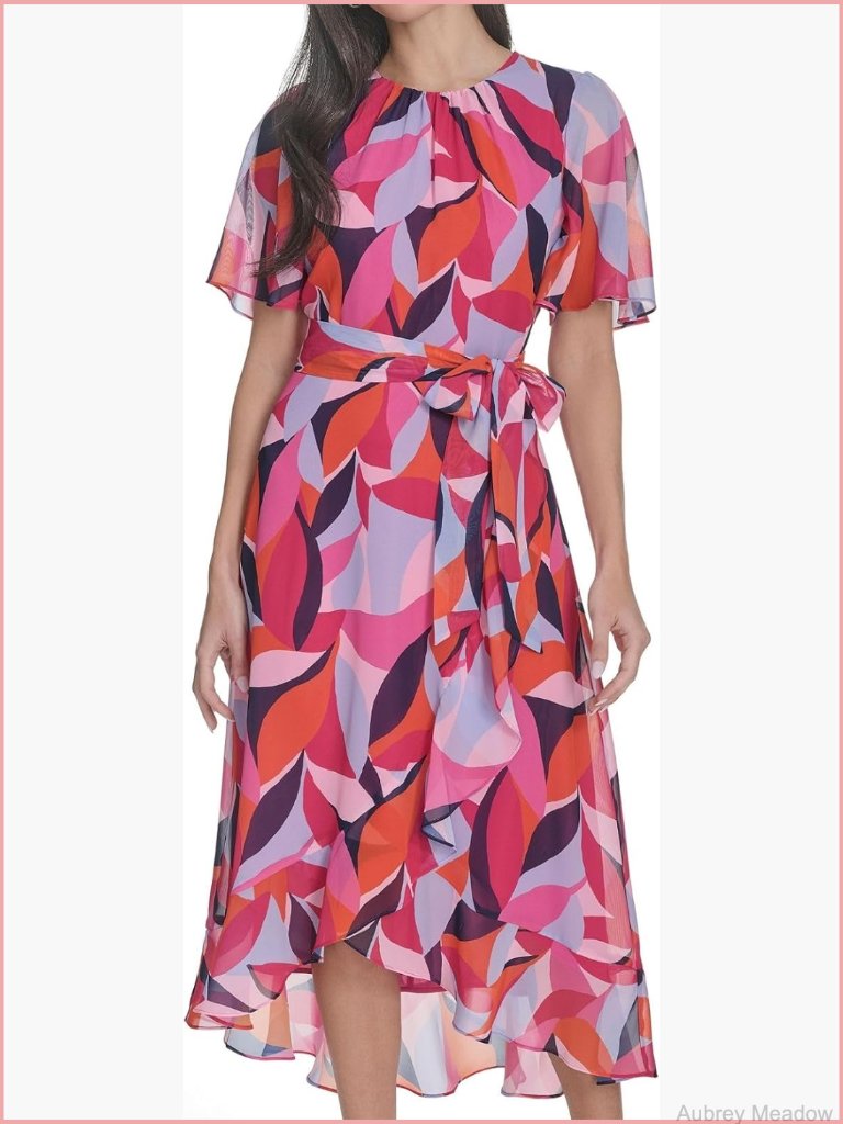 Flutter Sleeve Jewel Neck Midi Dress Geometric Pattern Zipper